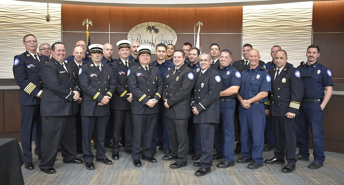 A total of 25 city of Palm Coast firefighters were pinned with new ranks in a Jan. 12 ceremony. (Courtesy photo)