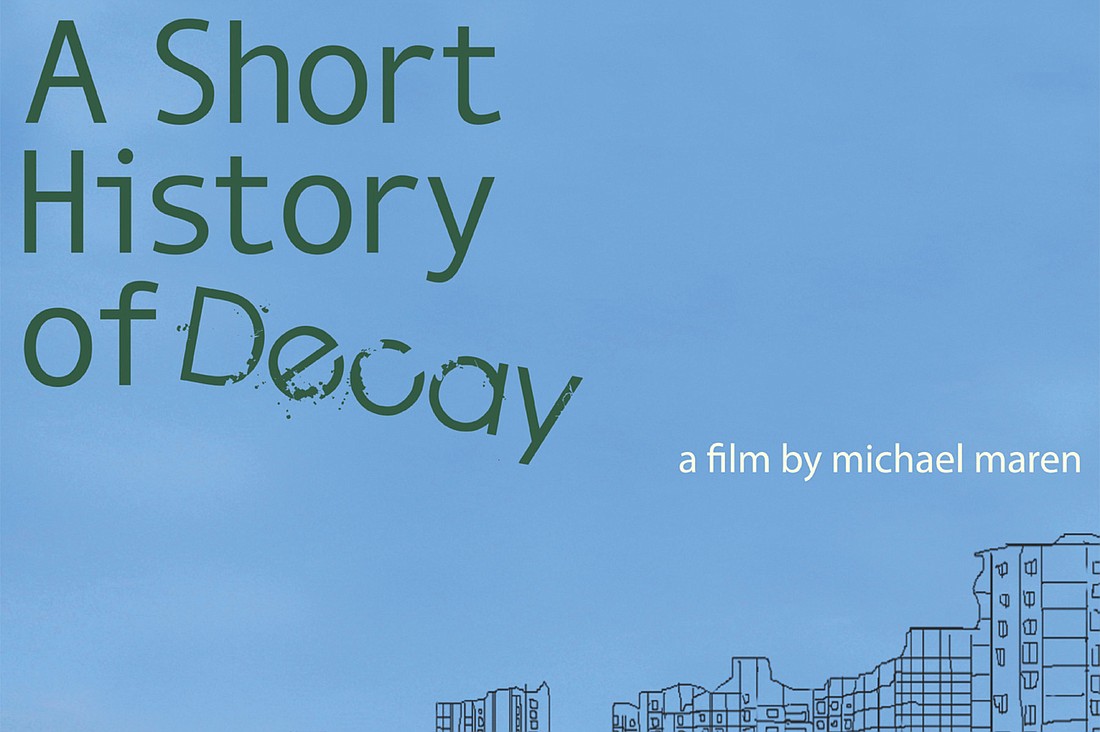A poster designed for "A Short History of Decay" shows Longboat Key's shoreline. Designed by Kerry Durkin.