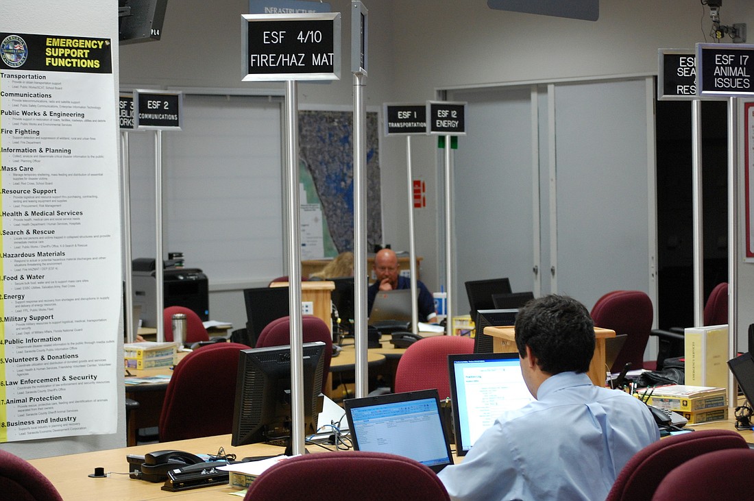 Sarasota County emergency operations staff begins mobilizing before Tropical Storm Debby in June.