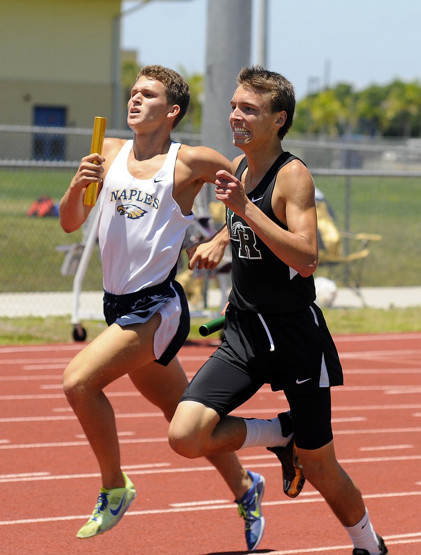 Lakewood Ranch junior Quintin Wampler edges past Naplesâ€™ Morgan Arnold during the final 100 meters of the first leg of the boys 4x800 relay.