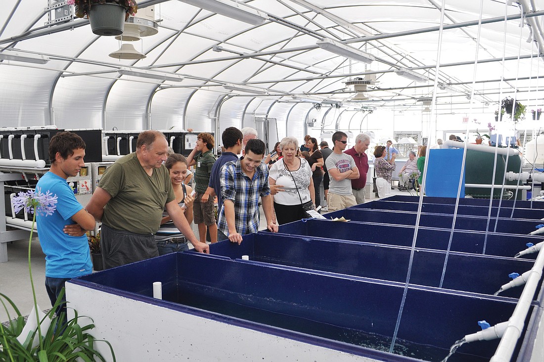 Riverview students guide a tour of the schoolÃ¢â‚¬â„¢s new aquascience greenhouse.