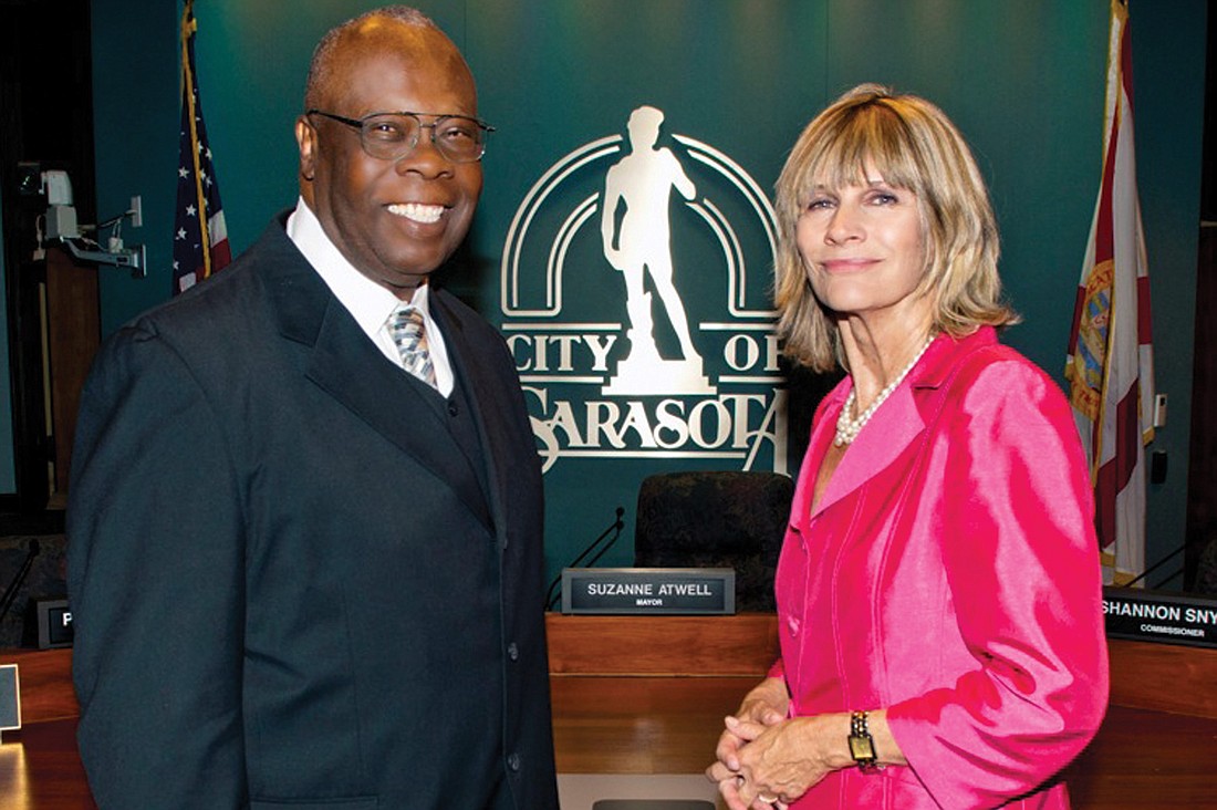 Mayor Suzanne Atwell, right, and Vice Mayor Willie Shaw were voted into their positions by Sarasota city commissioners May 11, at City Hall. Photo courtesy of Cliff Roles.