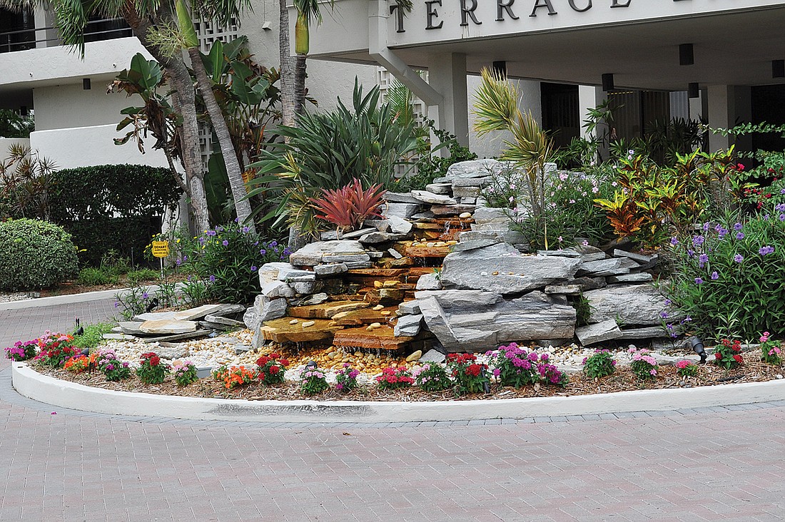 The decorative waterfall near the entrance to Terrace East is a vulnerable target for vandals while older residents sleep.