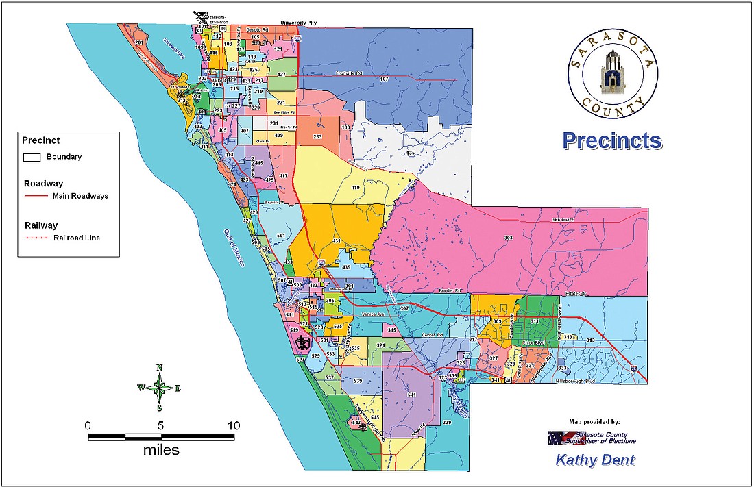 The office of the Supervisor of Elections' redrawn precinct boundaries include 98 separate precincts.