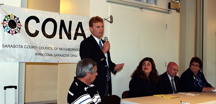 Charles Hines, Dist. 5, introduces himself at the CONA meeting, Monday, June, 11, at the Sarasota Garden Club.