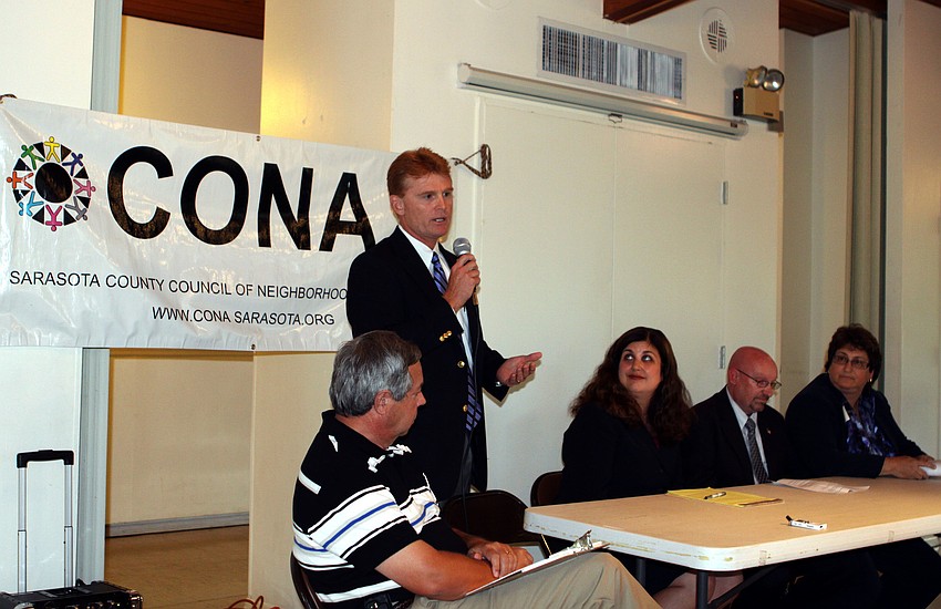 Charles Hines, Dist. 5, introduces himself at the CONA meeting, Monday, June, 11, at the Sarasota Garden Club.