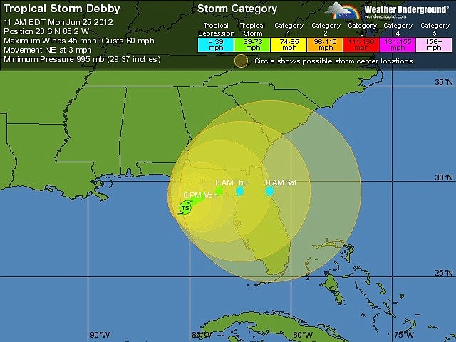 Tropical Storm Debby's projected to cross the Florida Panhandle. Image courtesy of Weather Underground