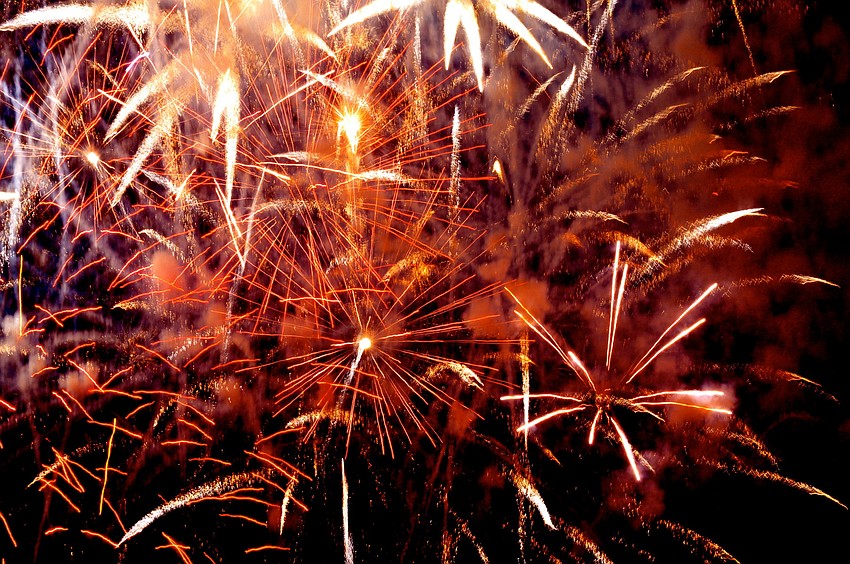 Red-and-gold sparks lit up the night.