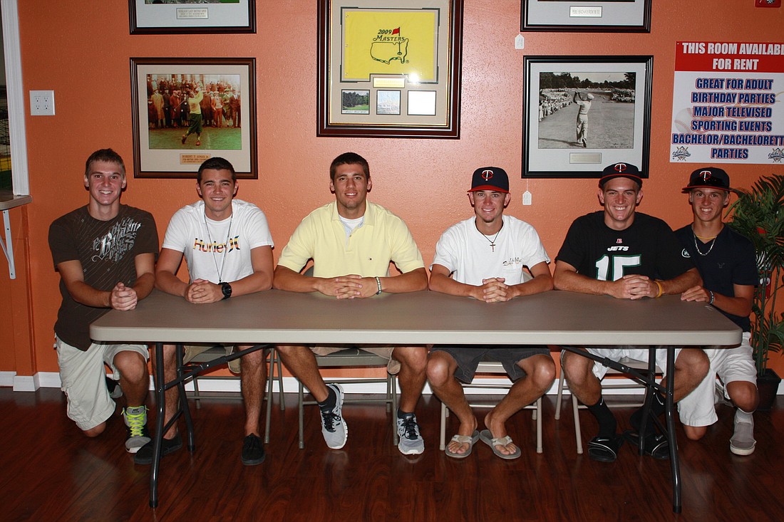 Former Lakewood Ranch High center fielder, third from left, pictured with Mustang teammates Dom Leone, Jake Axley, Kyle Benson, Connor Lewellen and Brendan Lewellan, signed a contract with the Minnesota Twins July 15.
