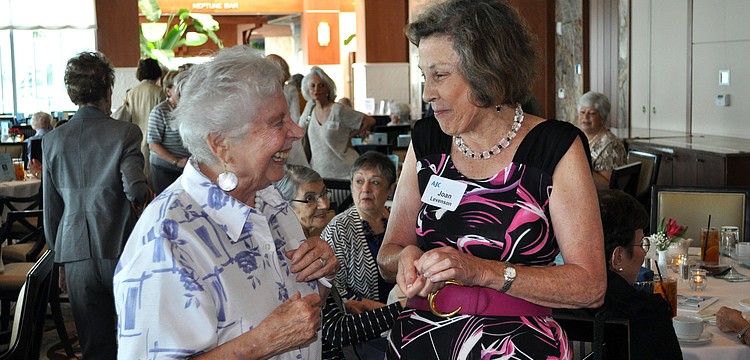 Ruth Beck and Joan Levenson have some laughs, Wednesday, July 25, prior to the beginning of the AJC event at Sarasota Yacht Club.