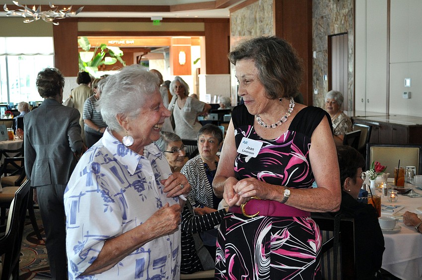 Ruth Beck and Joan Levenson have some laughs, Wednesday, July 25, prior to the beginning of the AJC event at Sarasota Yacht Club.