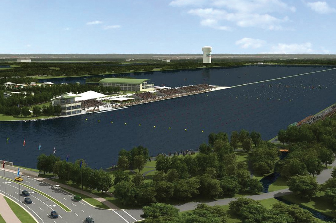This rendering depicts the extension of Cattlemen Road and Sarasota County's future world-class rowing venue at Nathan Benderson Park. Construction crews now are working to shape the 30-acre "regatta island" pictured above. Courtesy rendering.
