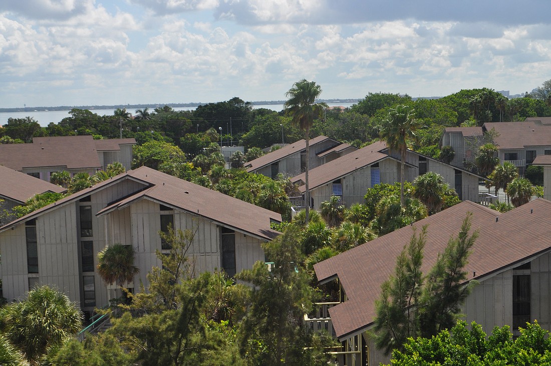The view of the shuttered Colony Beach & Tennis Resort from an Aquarius Club unit.