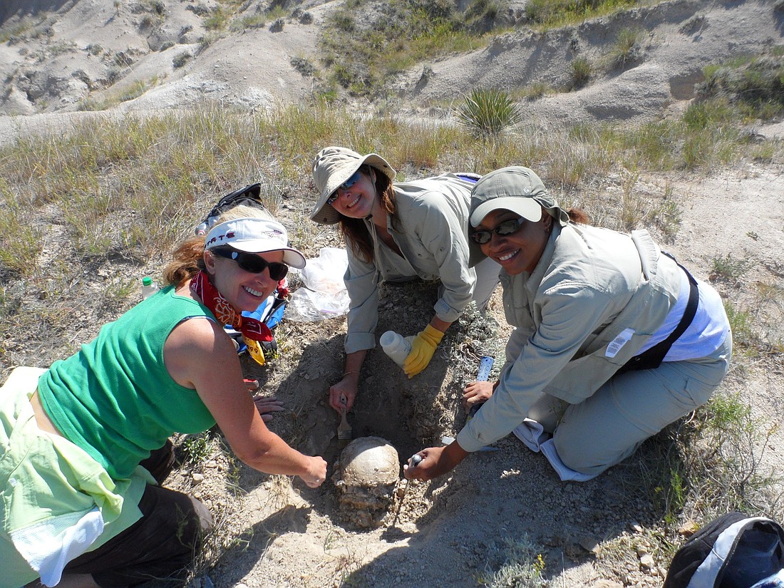 Teachers Linda Scherpf, Wendy Schneider and Cinda Byrd dig out a fossilized turtle during an archeological dig in Nebraska, this summer.  Courtesy photos.