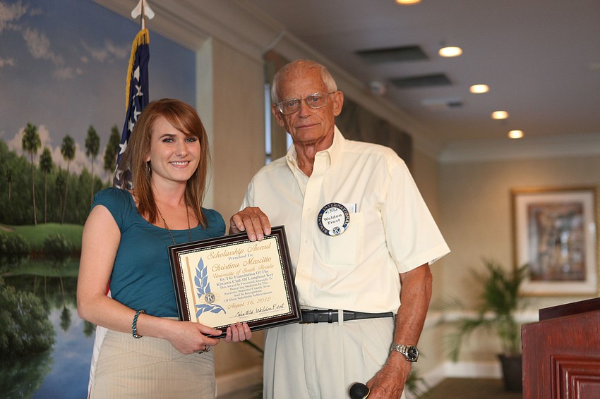 Christina Elizabeth Mascitto and Weldon Frost pose together, Thursday, August 16, at the Kiwanis Scholarship breakfast at the Longboat Boat Key Club. This is Mascittoâ€™s third time winning a scholarship from the Longboat Key Kiwanis Club.