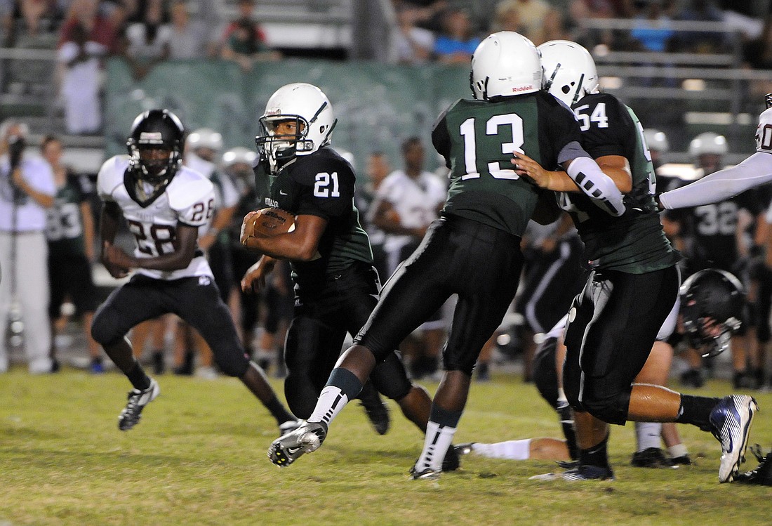 Lakewood Ranch freshman AÃ¢â‚¬â„¢Shawn Angel ran for a 50-yard touchdown in the third quarter to give the Mustangs a 14-7 lead.