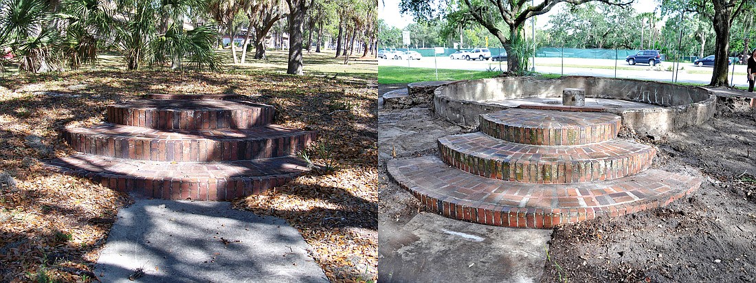 The Mable Ringling Memorial Fountain in Luke Wood Park, left, as it sat since the early 1950s, has been excavated for renovations, right. Courtesy photos.
