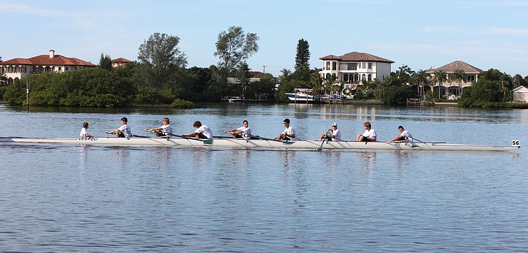 Sarasota Scullers men novice entry of Koehler Cameron, Fezza Blake, Yaegers Stephen, Opitz Dylan, Gordon Gray, Johnston Trevor, Sullivan Jordan, Wolf Joshua and coxwain Hawley Dylan.