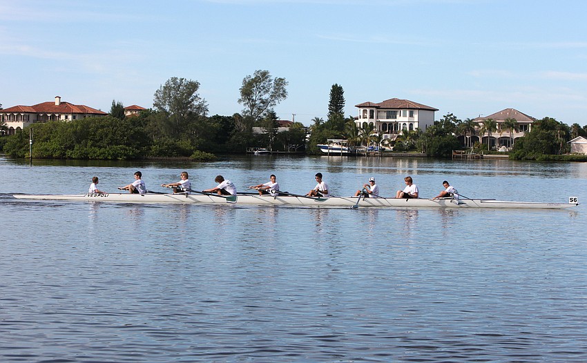 Sarasota Scullers men novice entry of Koehler Cameron, Fezza Blake, Yaegers Stephen, Opitz Dylan, Gordon Gray, Johnston Trevor, Sullivan Jordan, Wolf Joshua and coxwain Hawley Dylan.