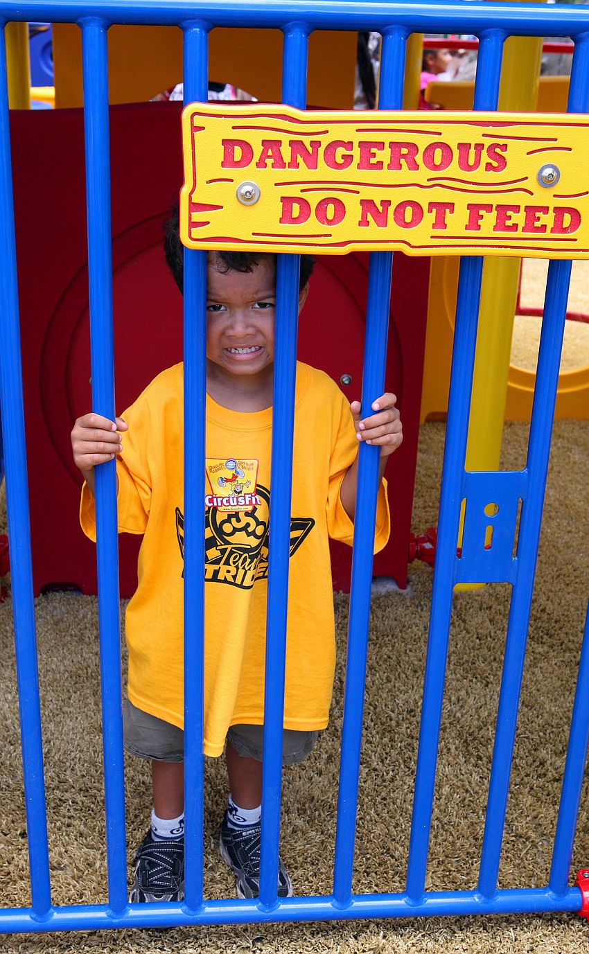 Takumi Fenderson, 4, pretends to be a dangerous circus animal while playing on the new playground at Payne Park.