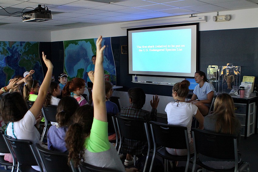 Students raise their hands to answer questions during Jeopardy.