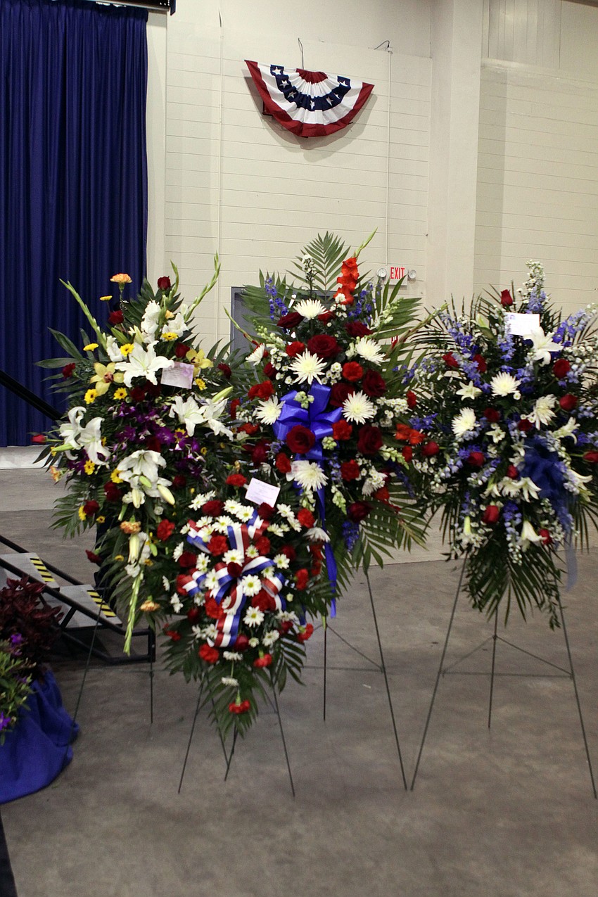 Many people and organizations sent flower arrangements to be put on display at the celebration of life service for Chief Albert Hogle, Thursday, May 24, at Robarts Arena.