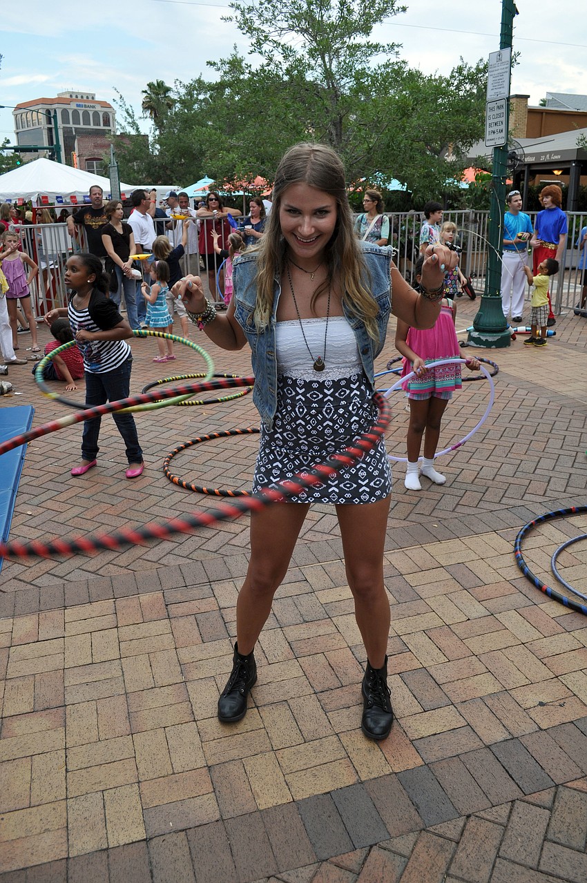 Dagny Blomster tries out a hula-hoop.