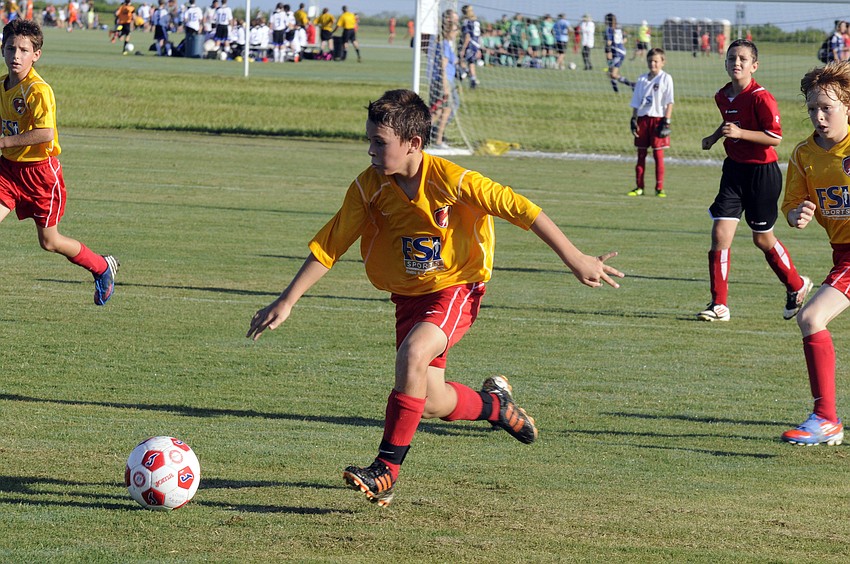 Mirza Slijepcevic scored a goal for the Clearwater Chargers U11 boys team in the first game of the tournament.