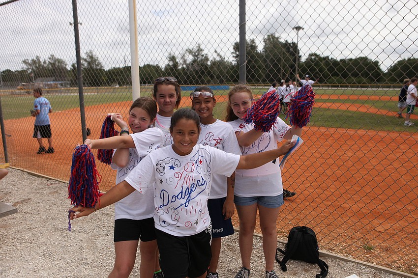 Dodgers cheerleaders Olivia Ball, 11, Raquel Vescio, 11, Allison Howard, 10, Payton Ferris, 11, and Megan Alvord, 11.