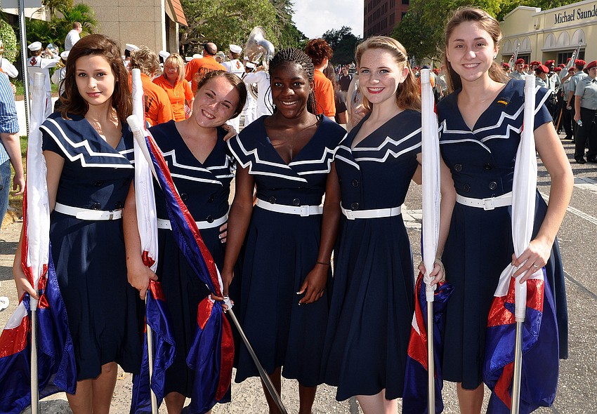 Lauren Besemer, 16, Lauren Schwartz, 18, Jimecka Brown, 16, Annaka Groeteke, 15 and Valorie Gochnauer, 16, of the Sarasota High School Color Guard.