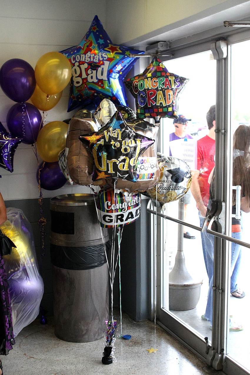 Graduation balloons were put in a corner to be given to a graduating student after the ceremony, Saturday, June 2, at Robarts arena.