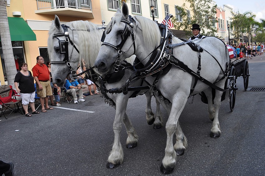 A team of horses pulled a caisson with a ceremonial casket draped with an American flag.