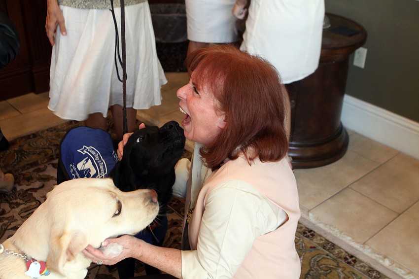 Jackie Becher laughs as she gets kisses from Millard and Doc, Thursday, July 26, at Premier Sothebyâ€™s.