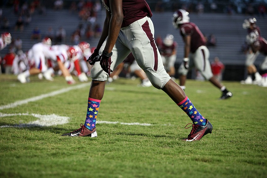 Richie James, No. 2, wore a pair of blue socks with multicolored stars on them during the Riverview v. Manatee game Friday night.