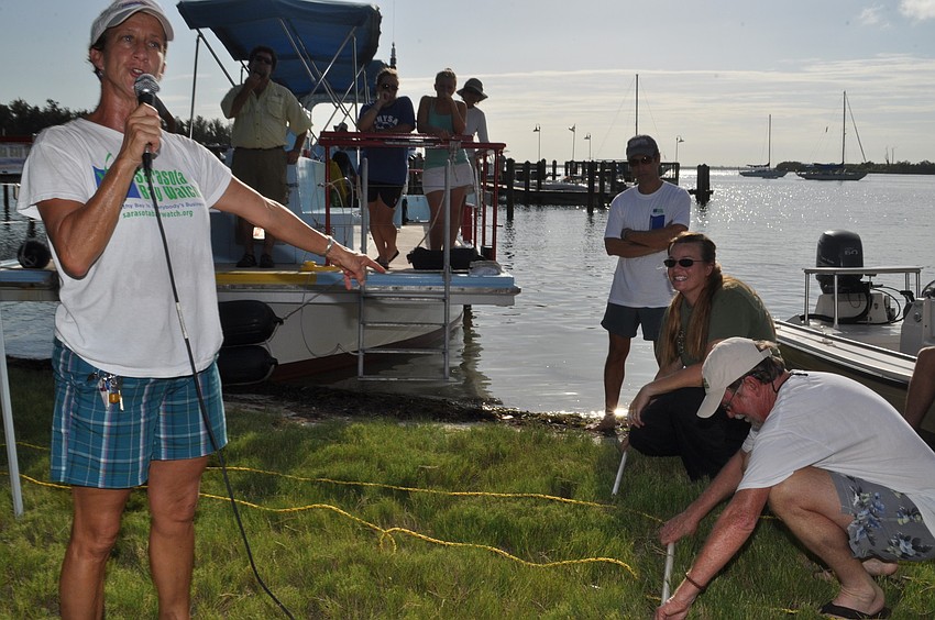 Sarasota Bay Watchâ€™s event coordinator Rhonda Ryan, Florida Wildlife Commissionâ€™s Assistant Research Scientist Sarah Stephenson and Chairman of the Board of Sarasota Bay Watch Rusty Chinnis demonstrate for the group