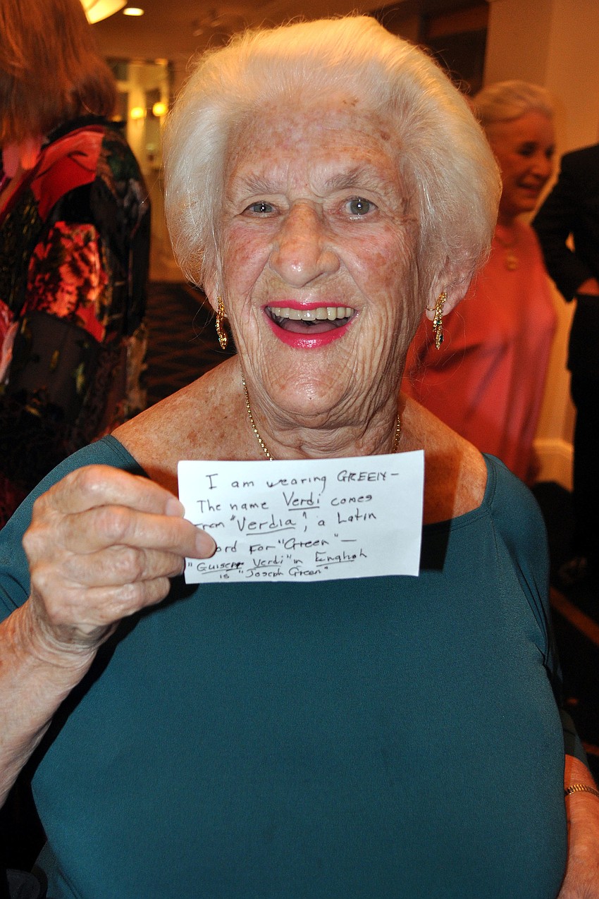 Virginia Page had fun with the Verdi contest by wearing the color green and writing up a note card explaining why she had the best Giusseppi Verdi outfit.