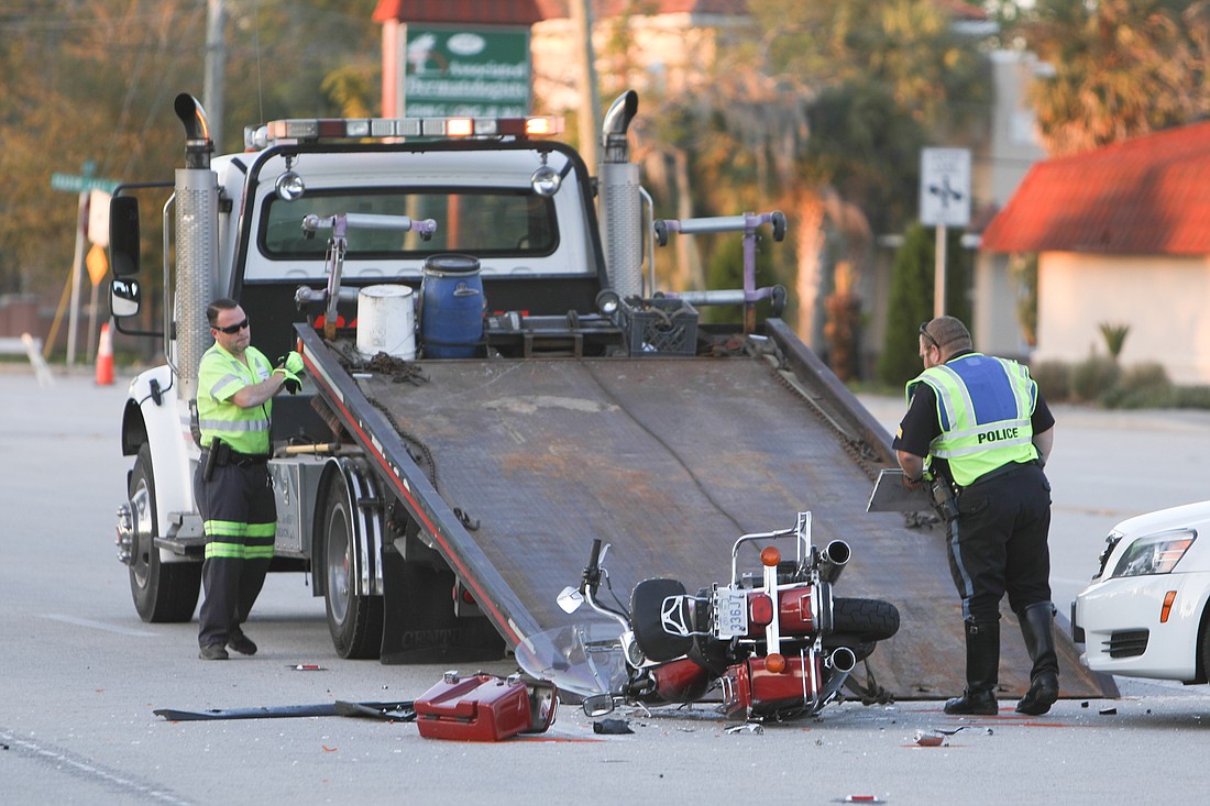 A motorcycle involved in a fatal accident on North Nova Road is loaded on a flatbed in Ormond Beach on Friday, March 22, 2019. File photo by Anthony Boccio