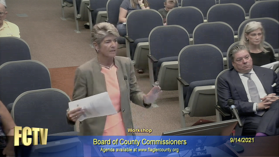 Flagler Schools Superintendent Cathy Mittelstadt addresses the County Commission at a Sept. 14 workshop. Image from county workshop livestream