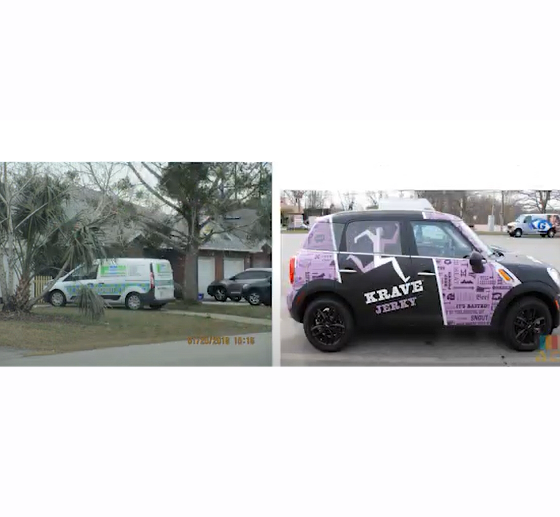 These cars '” regular passenger vehicles, but with commercial signage '” could legally be kept in driveways if the city gets rid of the existing rule. Images courtesy of the city of Palm Coast