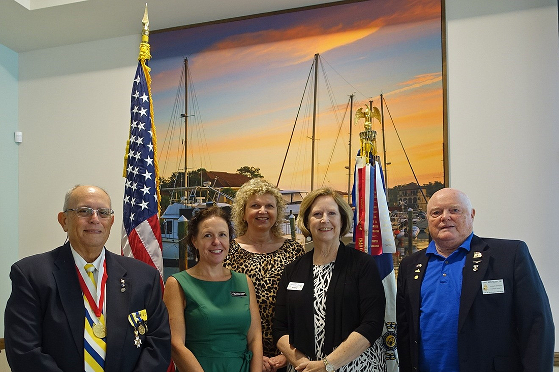 Compatriot Richard Lyon, Judge Andrea K. Totten, Judicial Assistant  Martina Wolfe, President Elaine Studnicki, Palm Coast Historical Society,  Flagler Chapter SAR Flag, David Kelsey, Sons of the American Revolution. Courtesy photo