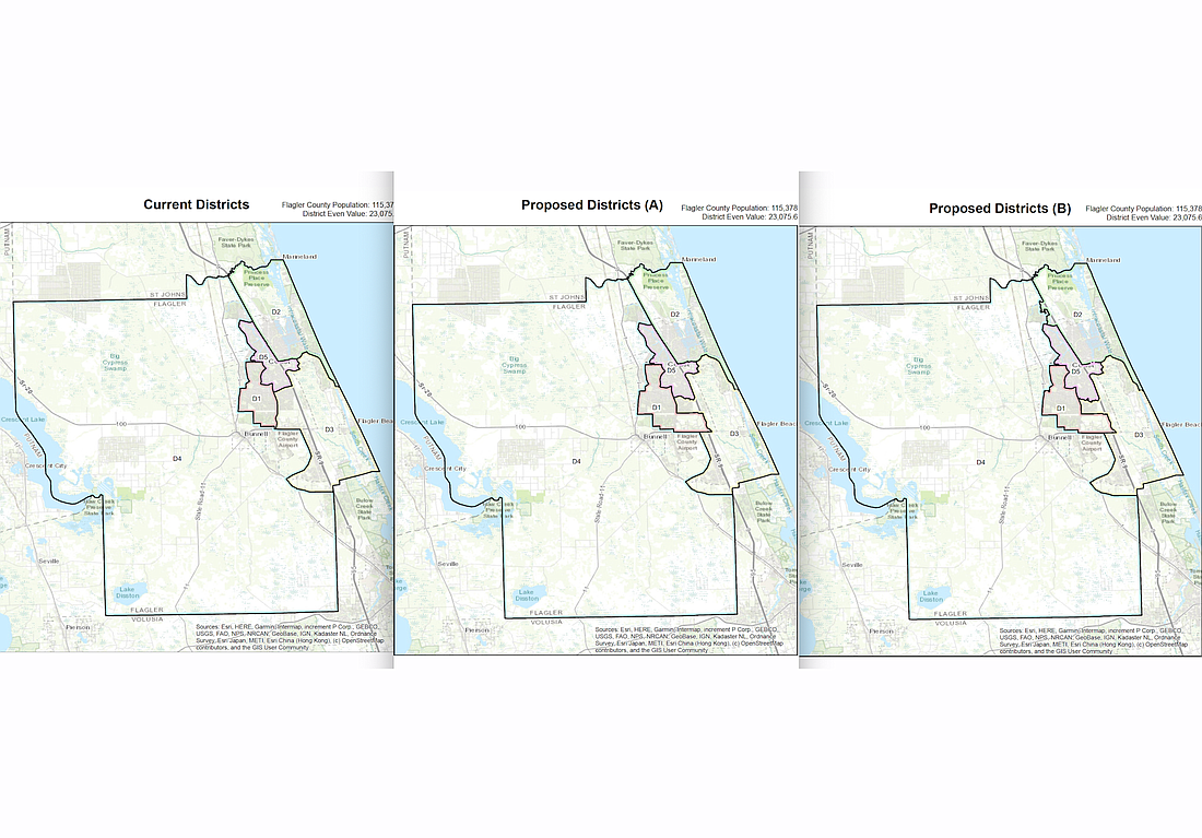 The current district boundaries, left, and two potential new versions. Images courtesy of the Flagler County government