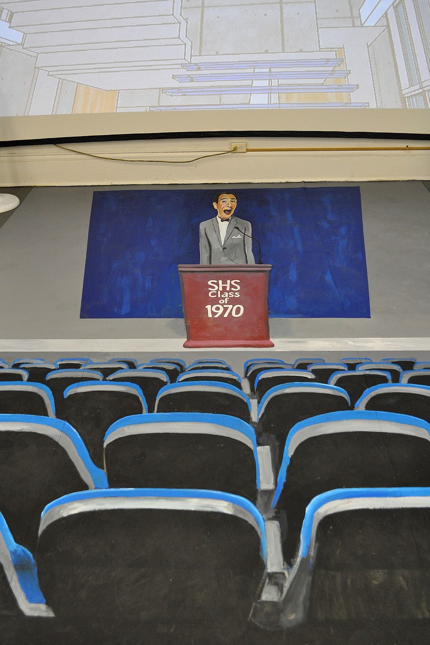 Truman Adams painted a 3D piece on the concrete floor inside the Historic Sarasota High School of Paul Ruebens dressed as Pee Wee Herman addressing the Class of 1970.