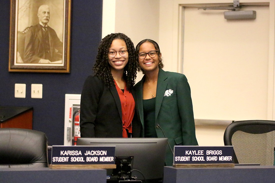 Student School Board members Karissa Jackson (left) of Matanzas and Kaylee Briggs of FPC. Photo by Brent Woronoff