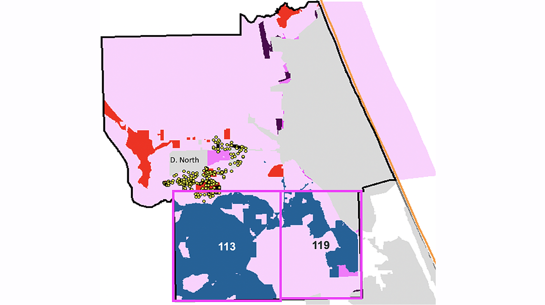 The yellow dots are locations that will receive a broadband connection, as are the areas within the two purple boxes at the bottom of the map. Image courtesy of the Flagler County government