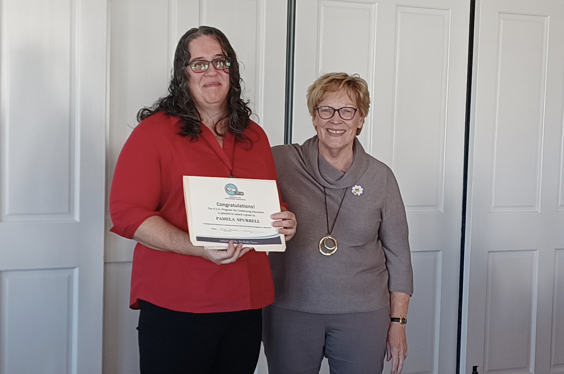 Carol Corson, member of Chapter CJ's Program for Continuing Education committee, presentedÂ the Continuing Education Grant certificate to Pamela Spurrell. Courtesy photo