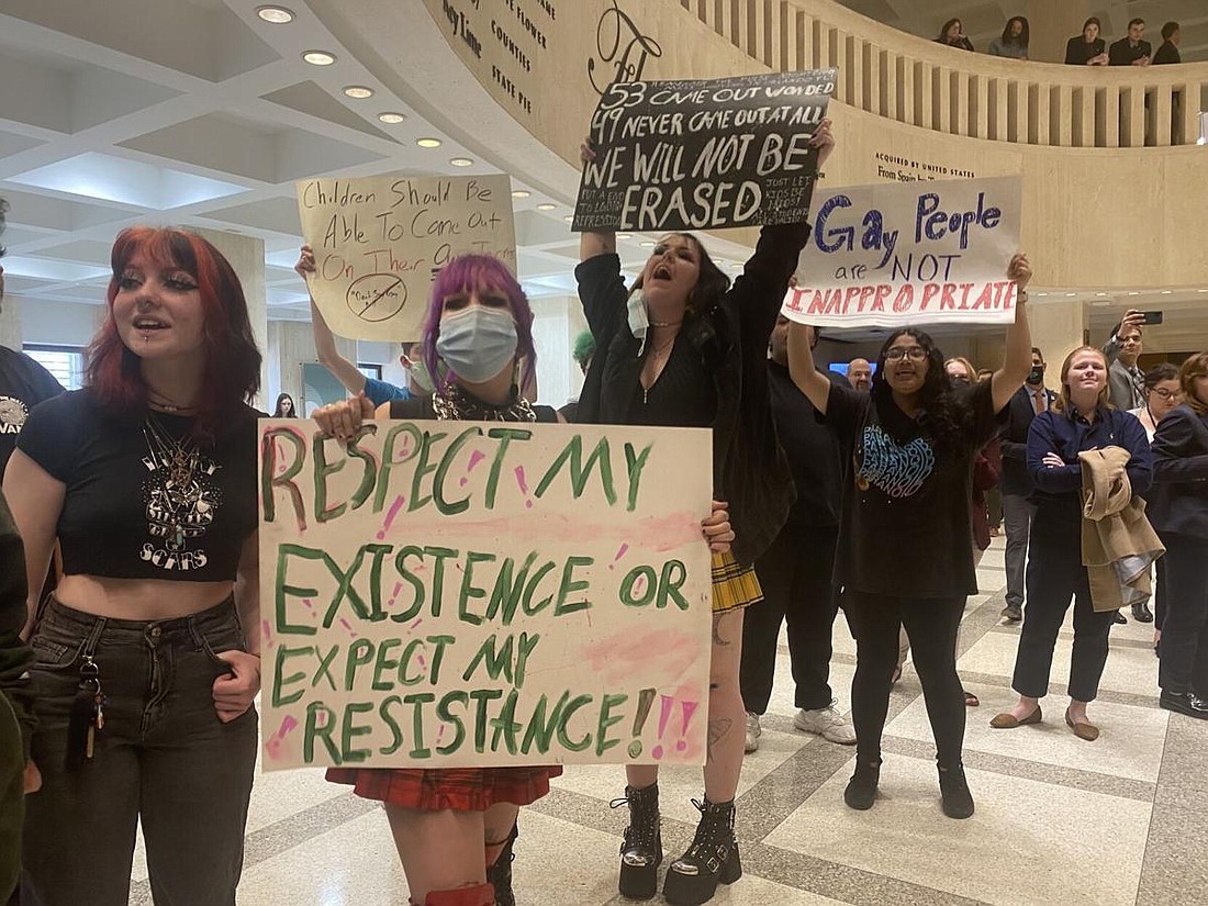 Protesters rallied against a bill that would place restrictions on teaching about gender identity and sexual orientation.  Photo by Ryan Dailey