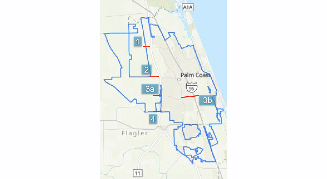 Proposed roadway extensions: 1: Matanzas Woods Parkway West. 2: Palm Coast Parkway West. 3a: Whiteview Parkway West. 3b: Whiteview Parkway East. 4: Royal Palms Parkway West.
