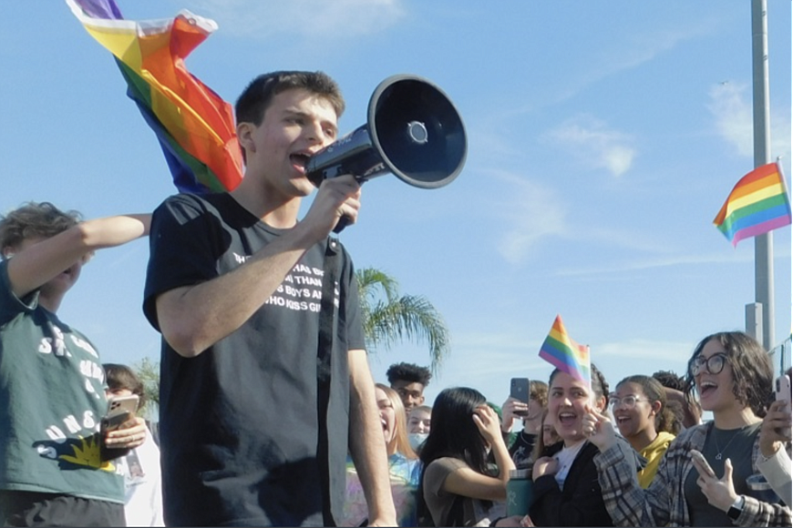 Jack Petocz speaks to FPC students at the 'Say Gay' student rally March 3 in an image posted on his Twitter account, @Jack_Petocz