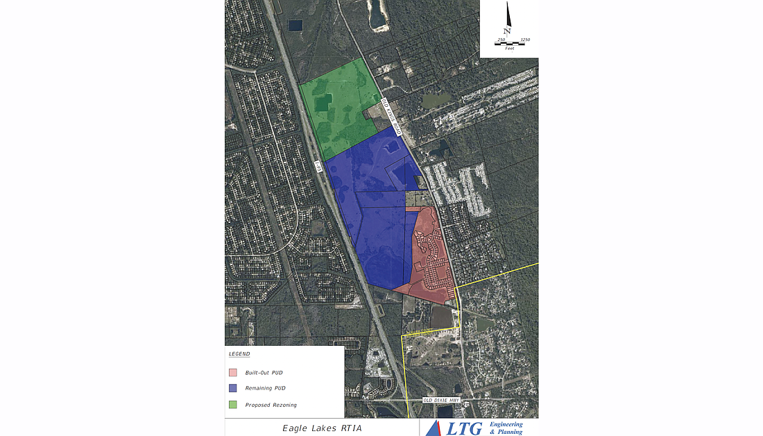 The area that would be rezoned â€” shown in green on this map from a county planning board meeting â€” if the County Commission agrees to the rezoning application.