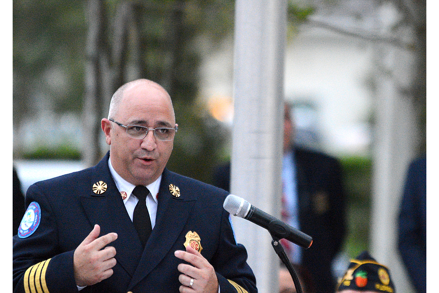 Chief Jerry Forte speaks at a 9/11 ceremony in 2021. Photo by Brent Woronoff